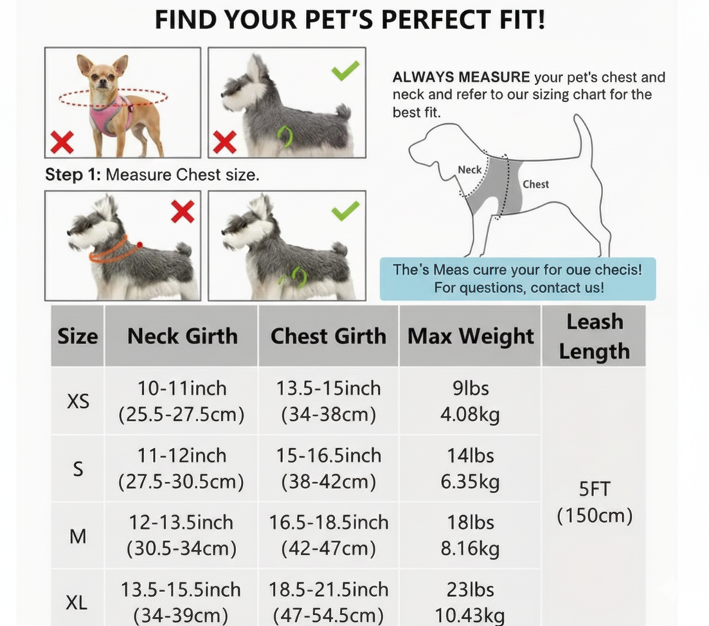 Pet sizing chart with measurements for chest and neck girth, weight capacity, and leash length.